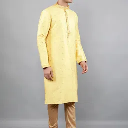 Manish Creations Floral Woven Design Band Collar Jacquard Kurta with Churidar image 5