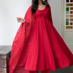 Aaghnya Women Ethnic Motifs Embroidered Thread Work Anarakli Kurta with Trousers & Dupatta-image-37