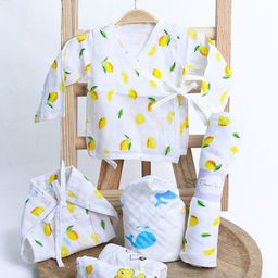 Moms Home Infants Organic Cotton Muslin Gift Combo Set For New Born Baby Lemon - Pack Of 6-picture-0