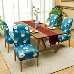 Aura Set Of 4 Green & White Flower Printed Stretchable Chair Covers-image-62