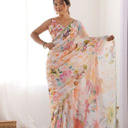 Mitera Floral Printed Mirror Work Pure Chiffon Saree-picture-31