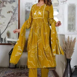 KALINI Abstract Printed Notch Neck Thread Work Pure Cotton Kurta With Trousers & Dupatta-picture-12