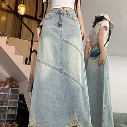 LULU & SKY Flared Maxi Denim Skirts-picture-27