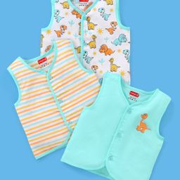 Babyhug 100% Cotton Sleeveless Jhabla Striped & Dino Print Pack of 3 - Blue & White-picture-2