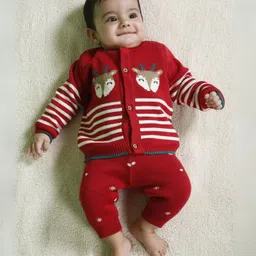 kids of greendeer Greendeer Christmas Theme Jacquard 100% Cotton Full Sleeves Joyful Reindeer Detailed Sweater With  Lower  - Cherry Red-picture-20