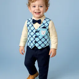 Babyoye 100% Cotton Knit Full Sleeves Checkered T-Shirt & Trouser Set with Waist Coat Bear Embroidery - Cream & Blue-image-13