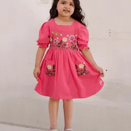 Tiny Twills Linen Half Sleeves Floral Embroidered & Pockets Detailed Fit & Flared Dress - French Fuschia-picture-14