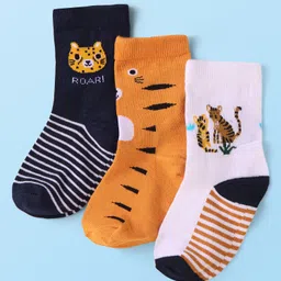 Cute Walk By Babyhug Knit Ankle Length Anti-Bacterial Socks with Animal Design Pack of 3 - White & Tan-picture-12