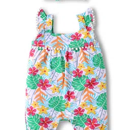 Babyhug Interlock Knit Sleeveless Romper & Head Band with Floral Print - White & Green-picture-21