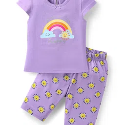 Babyhug Cotton Knit Half Sleeves Capri Nightsuit with Rainbow & Sun Print - Purple-image-61