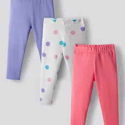 Bonfino Cotton Knit Full Length Leggings With Polka Dots Print Pack Of 3 - Lavender Pink & White-image-59