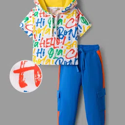 OLLINGTON ST. Cotton Knit Half Sleeves Text Print Hooded T-Shirt & Joggers Set - White & Blue-picture-38