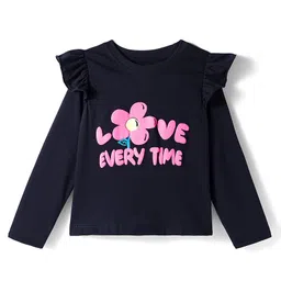 kookie kids india Kookie Kids Single Jersey Knit Full Sleeves T-Shirt with Text Puff Print & Frill Detailing - Navy Blue-picture-28