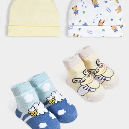 Mi Arcus Cotton Knit Pack Of 2 Animals & Bees Designed Caps & Socks - Multi Colour-picture-20