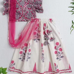 The Magic Wand Cotton Woven Half Flutter Sleeves Floral Printed Lehenga Choli With Dupatta Set - Fuchsia-picture-28