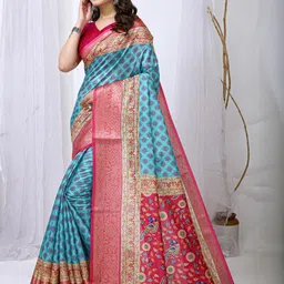 DIVASTRI Blue Cotton Blend Printed Sarees image 4