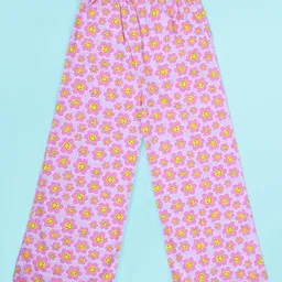 Kiddopanti Cotton Knit Floral Printed Pajama - Lilac image 3