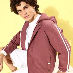 The Roadster Life Co. Men Mauve Pink Solid Hooded Bomber Jacket With Tape Detail Sleeves-picture-38