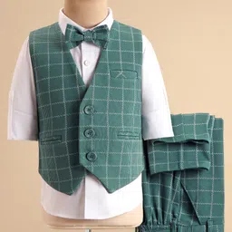 Robo Fry Cotton Woven Full Sleeves Checkered Party Suit with Bow & Waist Coat - Green-image-39