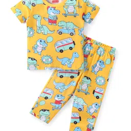 Babyhug Cotton Knit Half Sleeves Night Suit With Dinosaur Print - Yellow-picture-18
