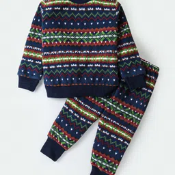 CrayonFlakes Full Sleeves Jacquard Polar Fleece Abstract Design Sweatshirt Joggers Set - Navy-picture-32