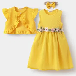 Mark & Mia Sleeveless Cotton Solid Dress & Cap Sleeves Shrug With Floral Corsage & Headband - Yellow-picture-15