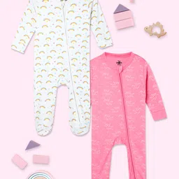 The Mom Store Pack Of 2 Cotton Full Sleeves Unicorn & Rainbow Printed Rompers - Pink & White-picture-20