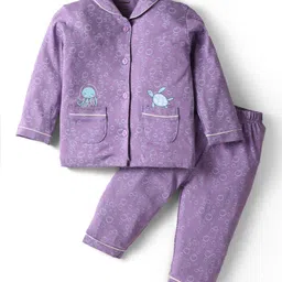 CUCUMBER Sinker Knit Full Sleeves Co-Ord Night Suit with With Octopus Print - Purple image 1
