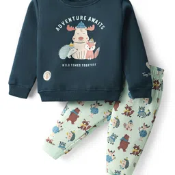 CUCUMBER Fleece Knit Full Sleeves Winter Wear Night Suit With Animal Print - Navy Blue-picture-14