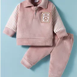 Mom's pet Fleece Knit Full Sleeves Team Captain Text Patch Detailed Sweatshirt With Joggers Set - Dark Peach-picture-26