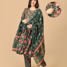 The Mom Store Cotton Knit Three Fourth Sleeves Floral Printed Maternity & Side Zipper Nursing Access Kurta With Pant & Dupatta Set - Multi Colour-picture-13