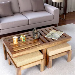 Ikiriya Irish Sheesham Wood Accent Coffee Table Set / Center Table / Sofa Table with 2 Stools in Teak Finish with Jute Beige Cushions-picture-10