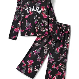 Tiara Cotton Elastane Woven Full Sleeves Floral & Leaves Printed Top With Coordinating Palazzo Set - Black-picture-16
