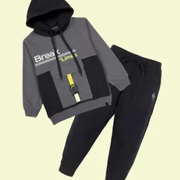 Kiddopanti Fleece Knit Full Sleeves Break Limits Text Printed Hooded Light Winter Sweatshirt & Track Pant Set - Grey & Black & Black-picture-36