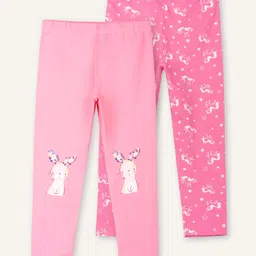 Ariel Cotton Knit Pack Of 2 Unicorns & Baby Bunny Printed Leggings - Pink-picture-38