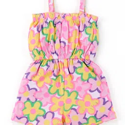 Babyhug Cotton Knit Sleeveless Jumpsuit With Floral Print & Applique - Pink image 2