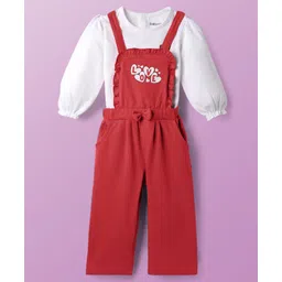 Babyoye Cotton Knit Dungaree & Full Sleeves T-Shirt Set With Text Print - Red image 3
