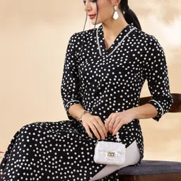 Anouk Black & White Polka Dot Printed V-Neck Thread Work Cotton Straight Kurta image 2