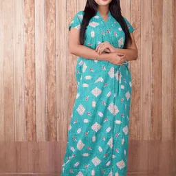 CLYMAA Green Cotton Blend Maxi Printed Nightdress-image-44