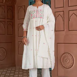 Navlik Floral Embroidered Notch Neck Empire Thread Work Kurta With Trousers & Dupatta image 1