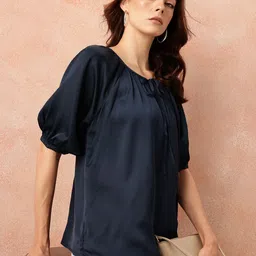 all about you Tie-Up Neck Puff Sleeves Gathered Detail Satin-Finish Top-picture-25