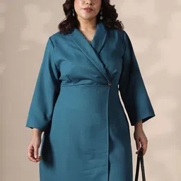 Globus Women Blue Shawl Lapel Plus Size Mini Workwear Blazer Dress-image-62