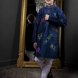 HOITY MOPPET Boys Printed Mandarin Collar Cotton Silk Kurta With Churidar image 2