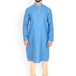 Manu Men Blue & Beige Self Design Kurta with Churidar-picture-40