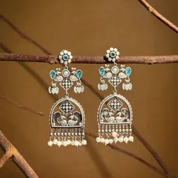 NAMAN ARTS Silver Plated Stones Studded & Beaded Oxidised Floral Drop Earrings-image-97