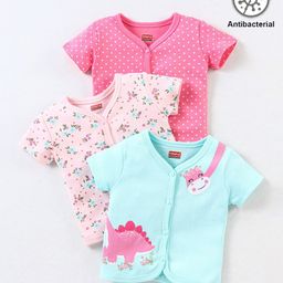 Babyhug 100% Cotton Antibacterial Half Sleeves Vests Dino Print Pack of 3 - Blue & Pink-image-90