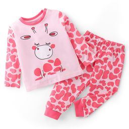 Babyhug Cotton Knit Full Sleeves Night Suit Giraffe Print - Pink-picture-12