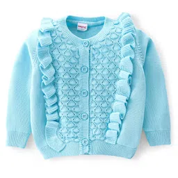 Babyhug Knitted Full Sleeves Front Open Sweater With Frill Detailing - Aqua Blue image 1