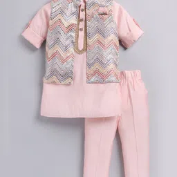 LITTLE COLLARS Cotton Blend Full Sleeves Solid Kurta Pyjama With Chevron Foil Printed Nehru Jacket Set - Pink-picture-25