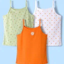 Kookie Kids India Cotton Knit Sleeveless Slips With Floral Print Pack Of 3 - Orange White & Light Green-image-81